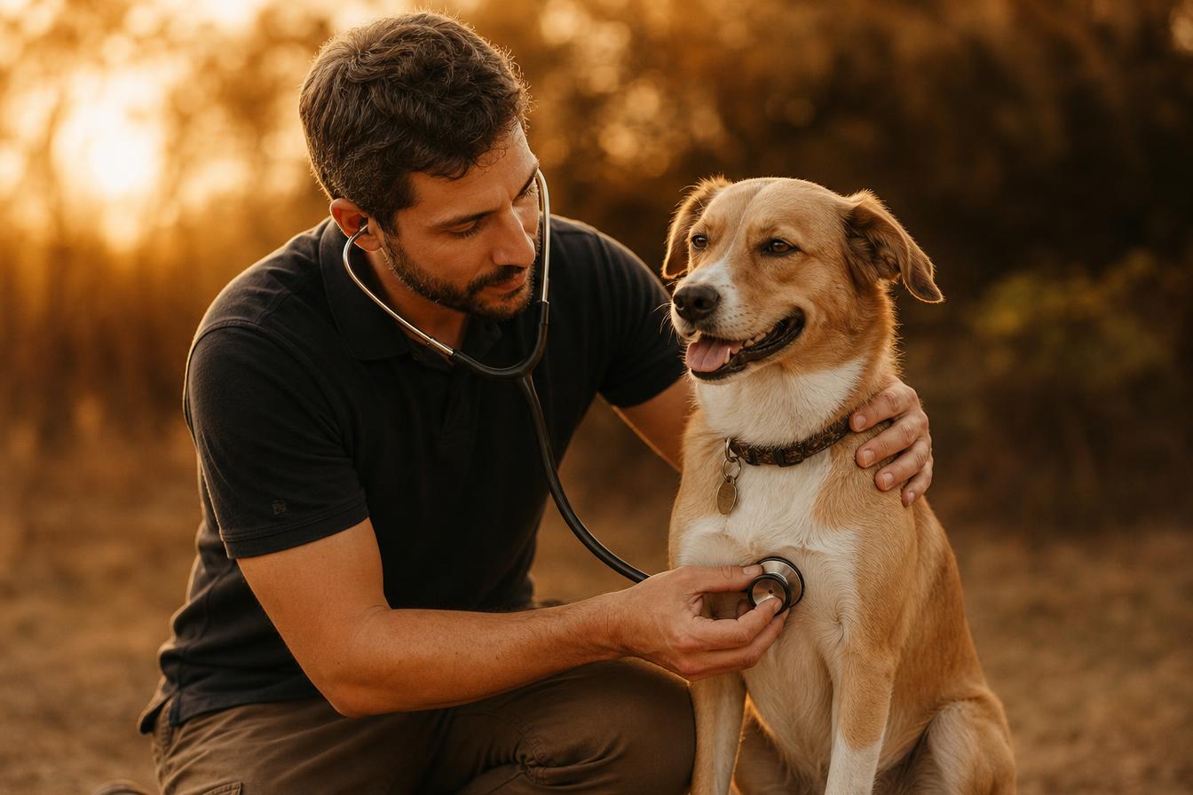 Médico veterinário examinando um cão com cuidado e proximidade