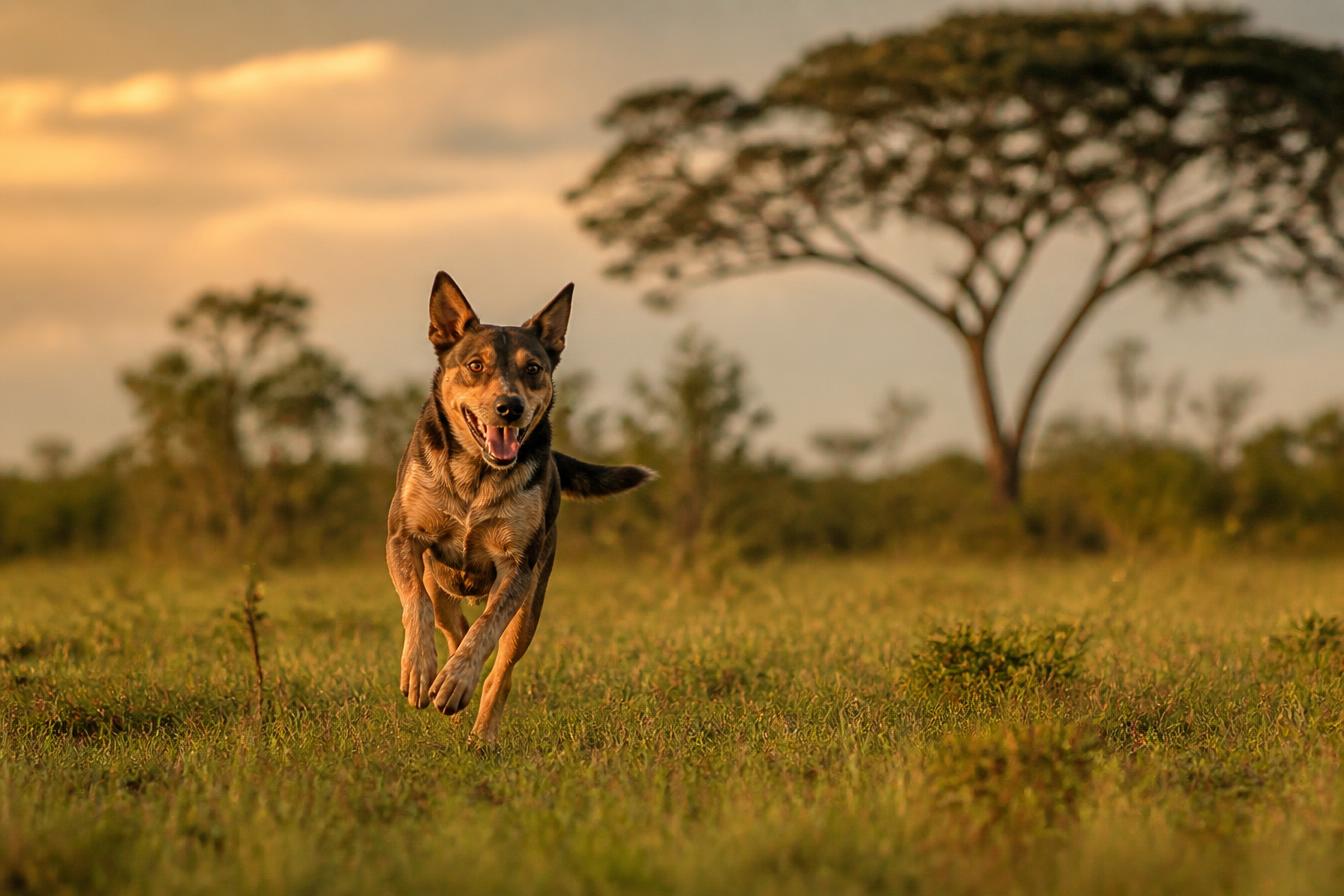 Cão feliz em ambiente rural, em contato com a natureza